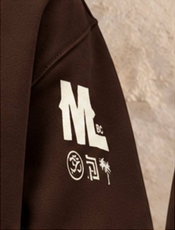 Logotipo de Mud & Lotus en la manga de una sudadera café