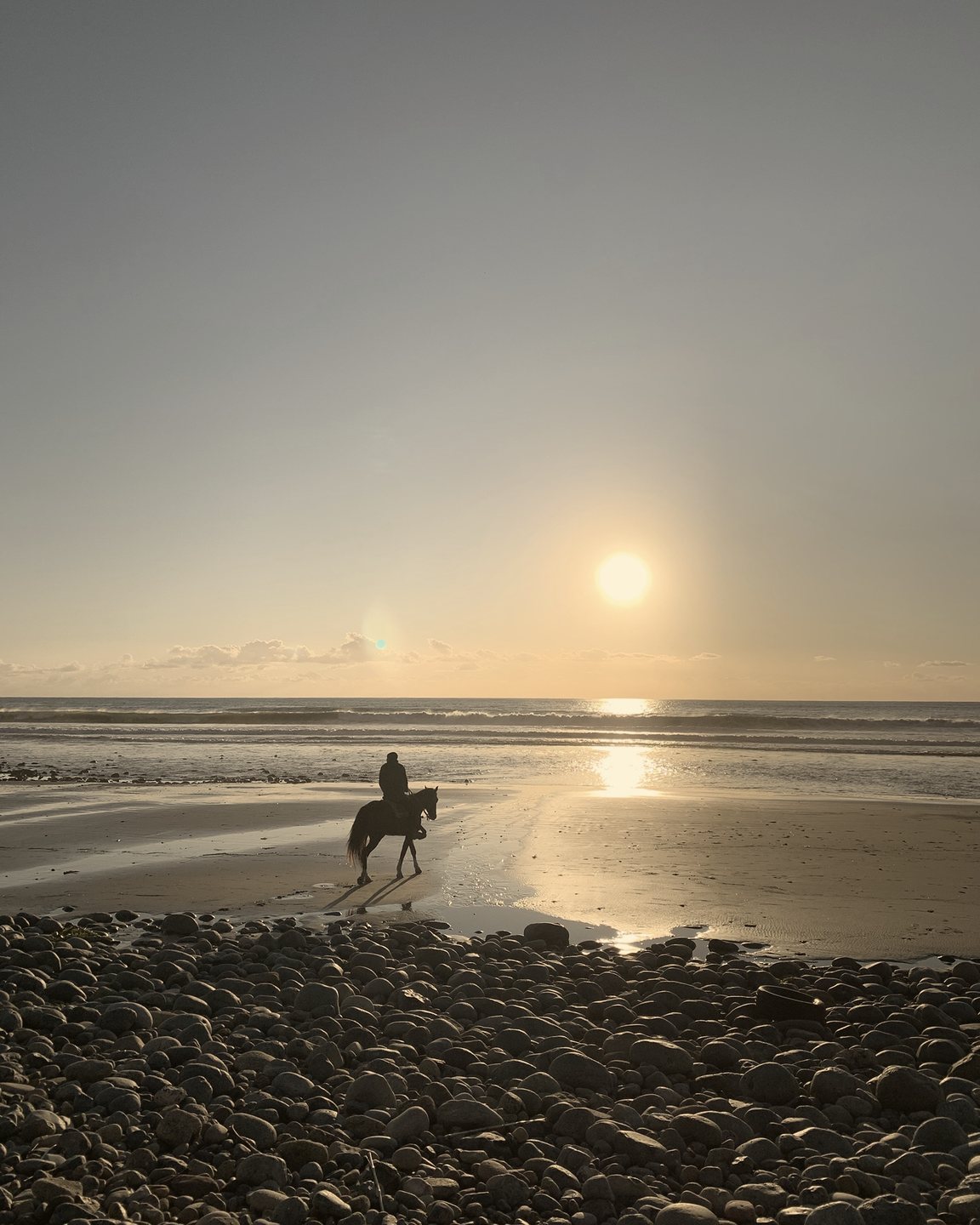 Un jinete solitario cruza a caballo una playa mojada al atardecer, con piedras redondas en primer plano.